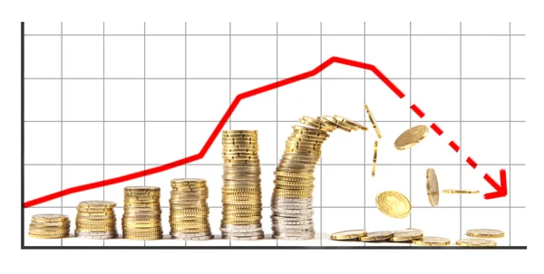 Ultimo mucchio di grafico crescente fatto di monete che crollano — Foto Stock