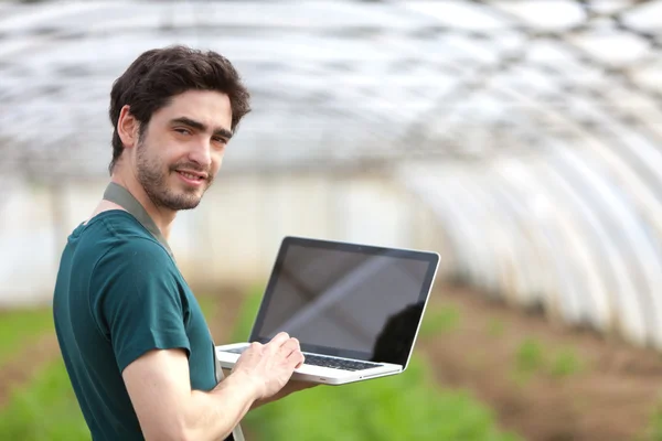 Onun dizüstü bilgisayarda çalışan genç iş çiftçi — Stok fotoğraf