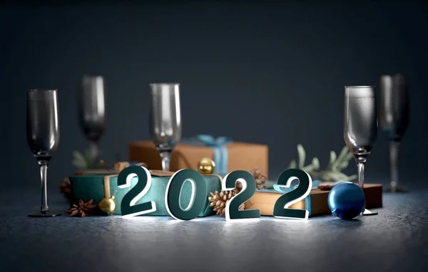 Widok 2022 Nowy Rok Kompozycja Świąteczny Dekoracja Renderowanie — Zdjęcie stockowe