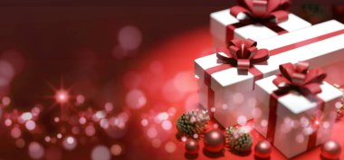 Yılbaşı hediyesi dekorasyonlu bir Noel arkaplanı görüntüsü - 3D görüntüleme