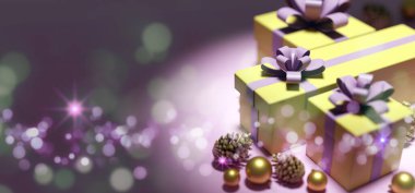 Yılbaşı hediyesi dekorasyonlu bir Noel arkaplanı görüntüsü - 3D görüntüleme