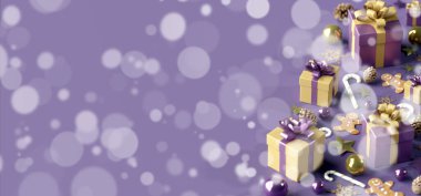 Yılbaşı hediyesi dekorasyonlu bir Noel arkaplanı görüntüsü - 3D görüntüleme