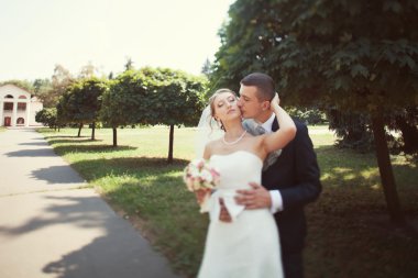 Gelin ve damat parkta öpüşme