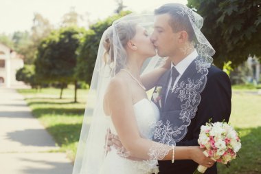 Gelin ve damat parkta öpüşme