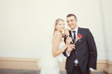 Gelin ve damat ile kalpleri sopa üzerinde