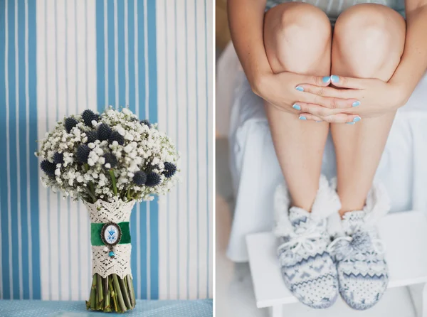 Bruids boeket van gypsophila en bruiloft blauwe manicure — Stockfoto