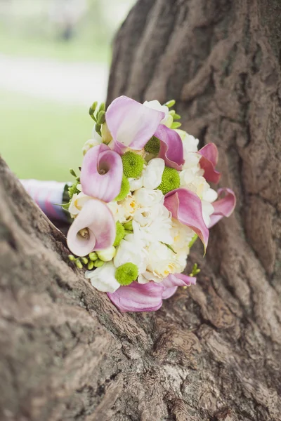 Bukiet ślubny biały i różowy w parku — Zdjęcie stockowe