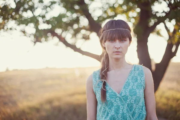 Brunetka dama w polu — Zdjęcie stockowe