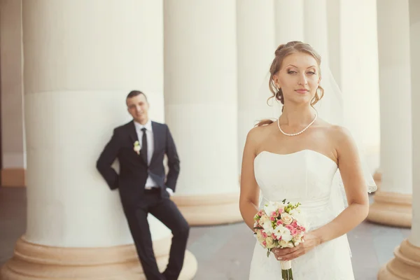 Novia y novio posando cerca de las columnas blancas — Foto de Stock