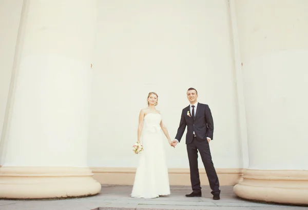 Novia y novio posando cerca de las columnas blancas — Foto de Stock