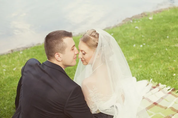 Novia y novio en el parque cerca del lago — Foto de Stock