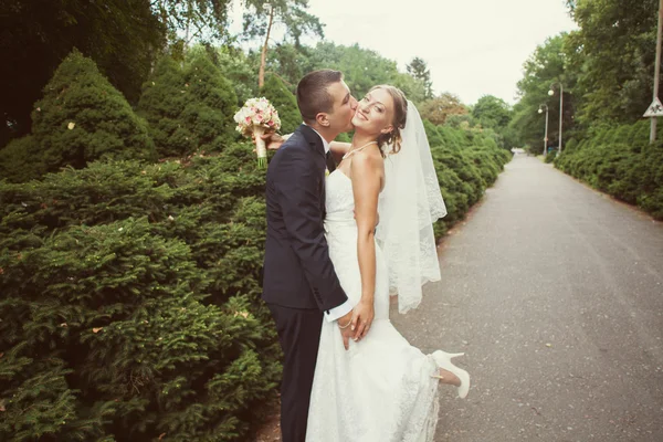 Bride and groom kissing in the park — Stock Photo, Image