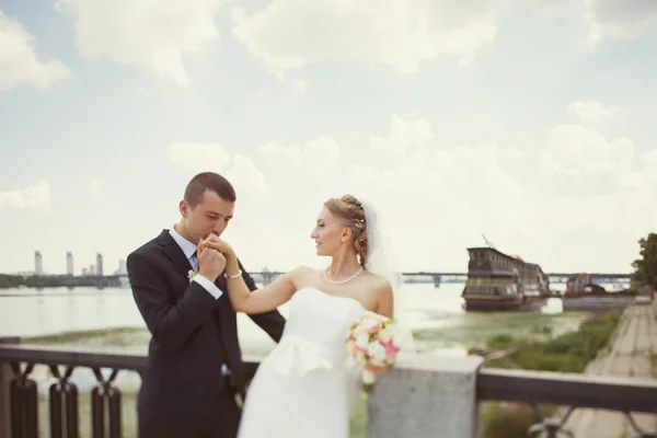 Novia y novio cerca del río — Foto de Stock