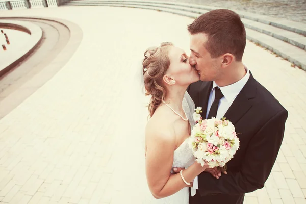 Kissing bride and groom — Stock Photo, Image