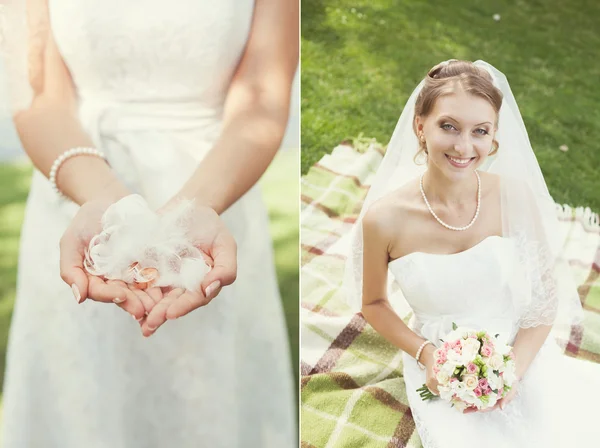 Bride  with a wedding bouquet in park — Stock Photo, Image