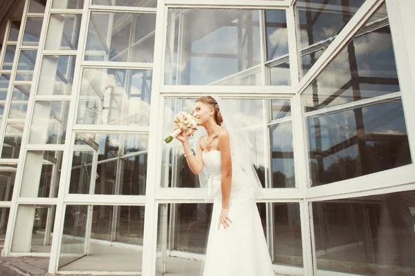 Novia con ramo cerca del edificio de vidrio — Foto de Stock