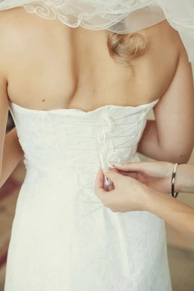 Sposa indossa abito da sposa — Foto Stock