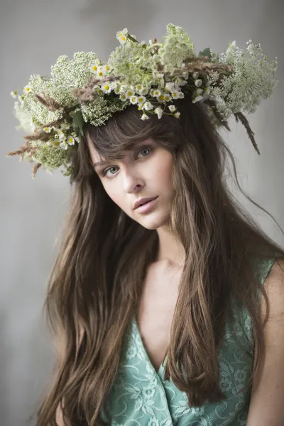 Bella ragazza bruna con una corona tra i capelli — Foto Stock