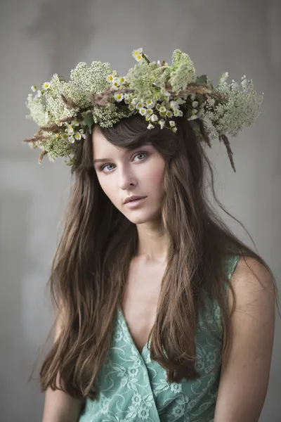 Hermosa chica morena con una corona en el pelo — Foto de Stock