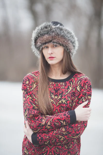 Bella ragazza nel parco in inverno, con un cappello di pelliccia Immagini Stock Royalty Free