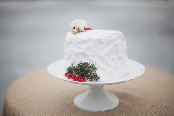 Vit bröllopstårta med en kvist av Gran och röda bär — Stockfoto