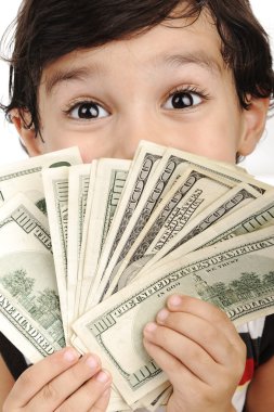 çok sevimli çocuk, elinde dolar para ile