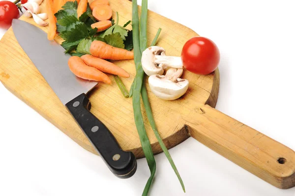 Légumes Coupés Couteau Sur Planche Bois Dans Cuisine — Photo