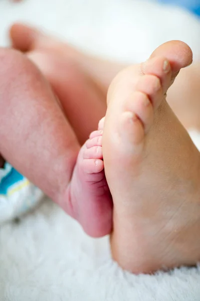 Fötter av ett nyfött barn. Lycklig familj, mamma och pappa kramar sina babys ben. — Stockfoto