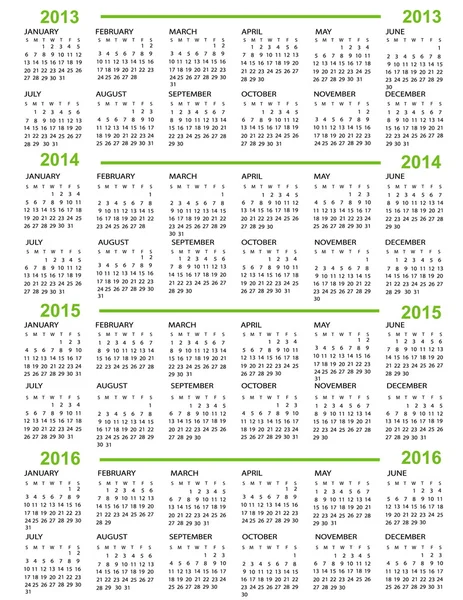 Kalender, nieuwe jaar 2013, 2014, 2015, 2016 — Stockvector