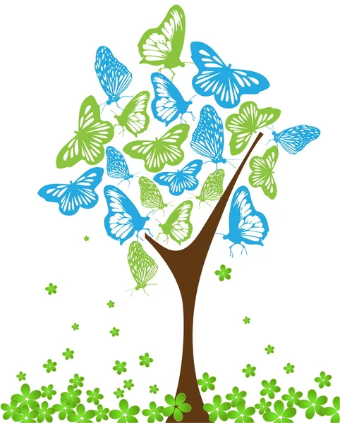 Mariposas azules y verdes en el árbol — Vector de stock