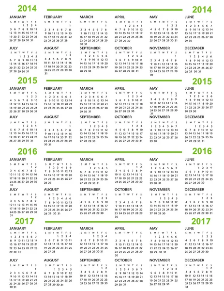 Calendario, Año Nuevo 2014, 2015, 2016, 2017 — Vector de stock