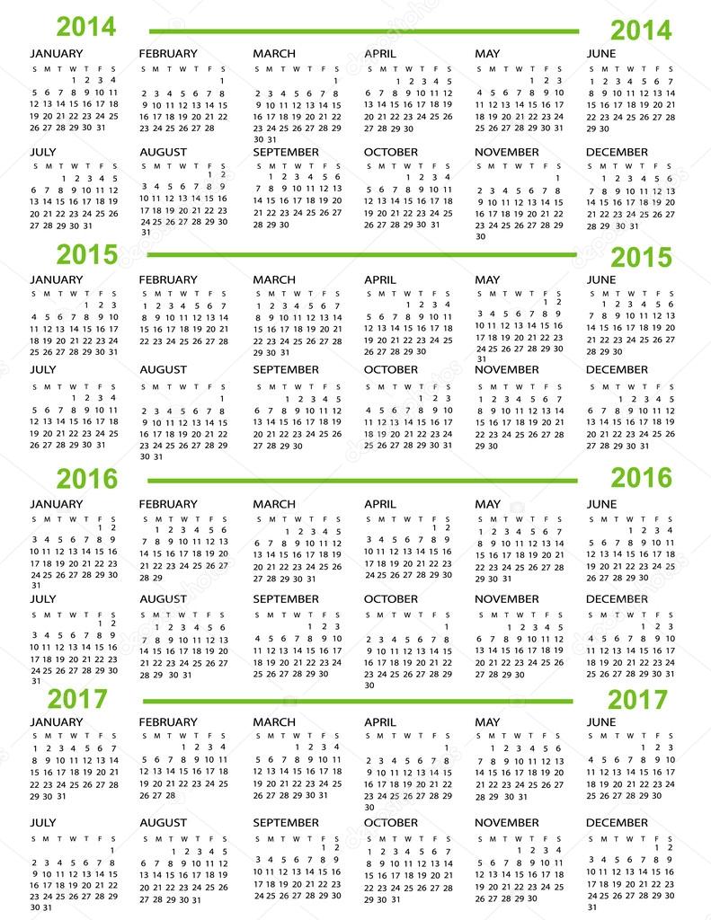 Calendar, New Year 2014, 2015, 2016, 2017