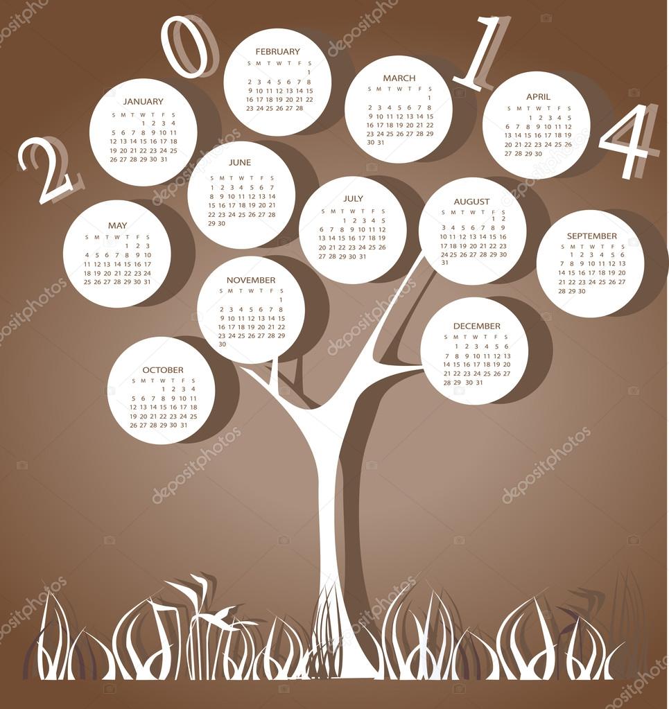 Tree calendar for 2014 year