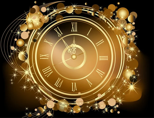 Gold Happy Nieuwjaar achtergrond met klok — Stockvector