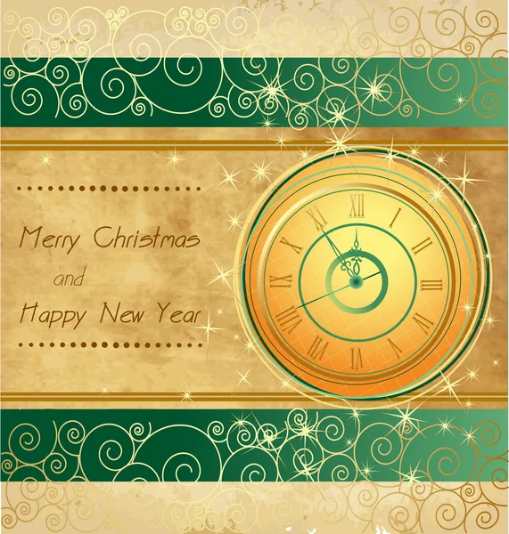 Happy New Year and Merry Christmas vintage background with clock — Stock Vector