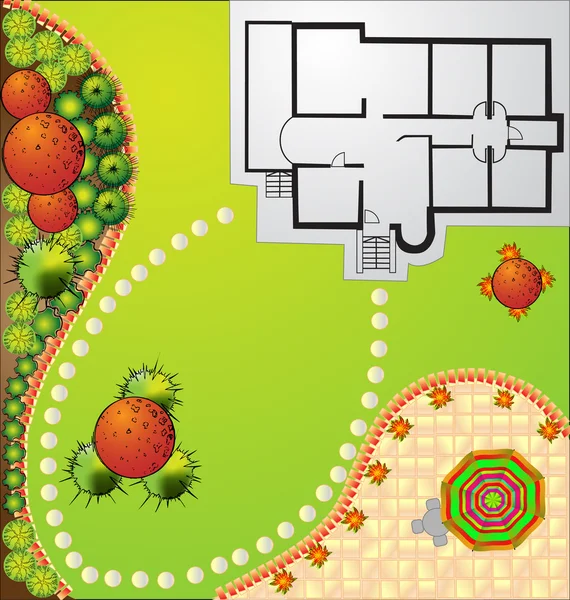 Plano de paisagem vetorial com símbolos de copa de árvore — Vetor de Stock