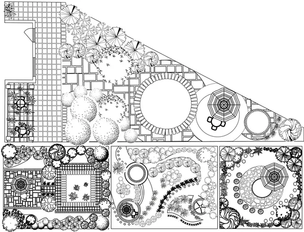 Colecciones od Plan de paisaje con símbolos de copa de árbol en blanco y negro — Vector de stock