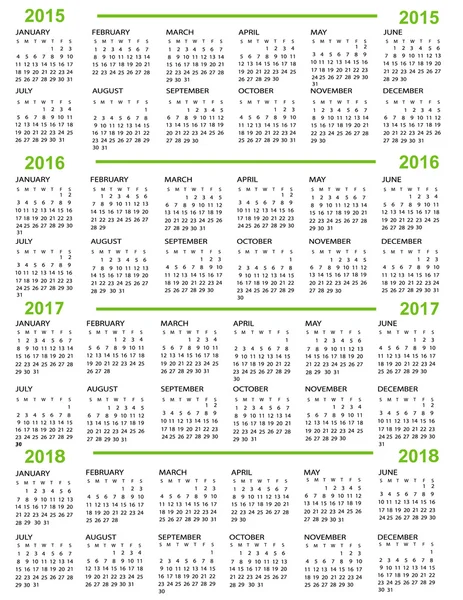 Calendário, Ano Novo 2015, 2016, 2017, 2018 — Vetor de Stock