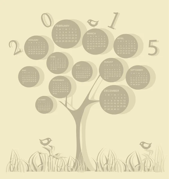 Calendario para 2015 año hecho de forma de árbol — Vector de stock