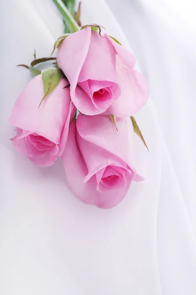 Roze rozen op een witte zijde — Stockfoto