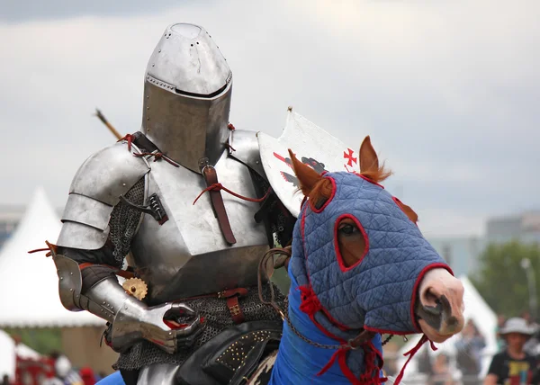 Mittelalterlicher Ritter hoch zu Ross, Seitenansicht Stockbild