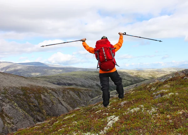 Girl with backpack standing on the mountain and rejoices — Stock Photo, Image