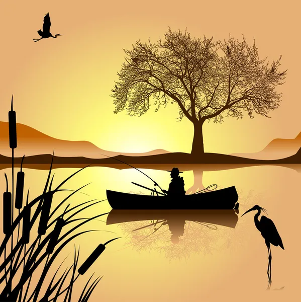 Fisherman on the boat — Stock Vector