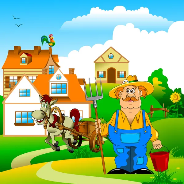 Agriculteur et village — Image vectorielle