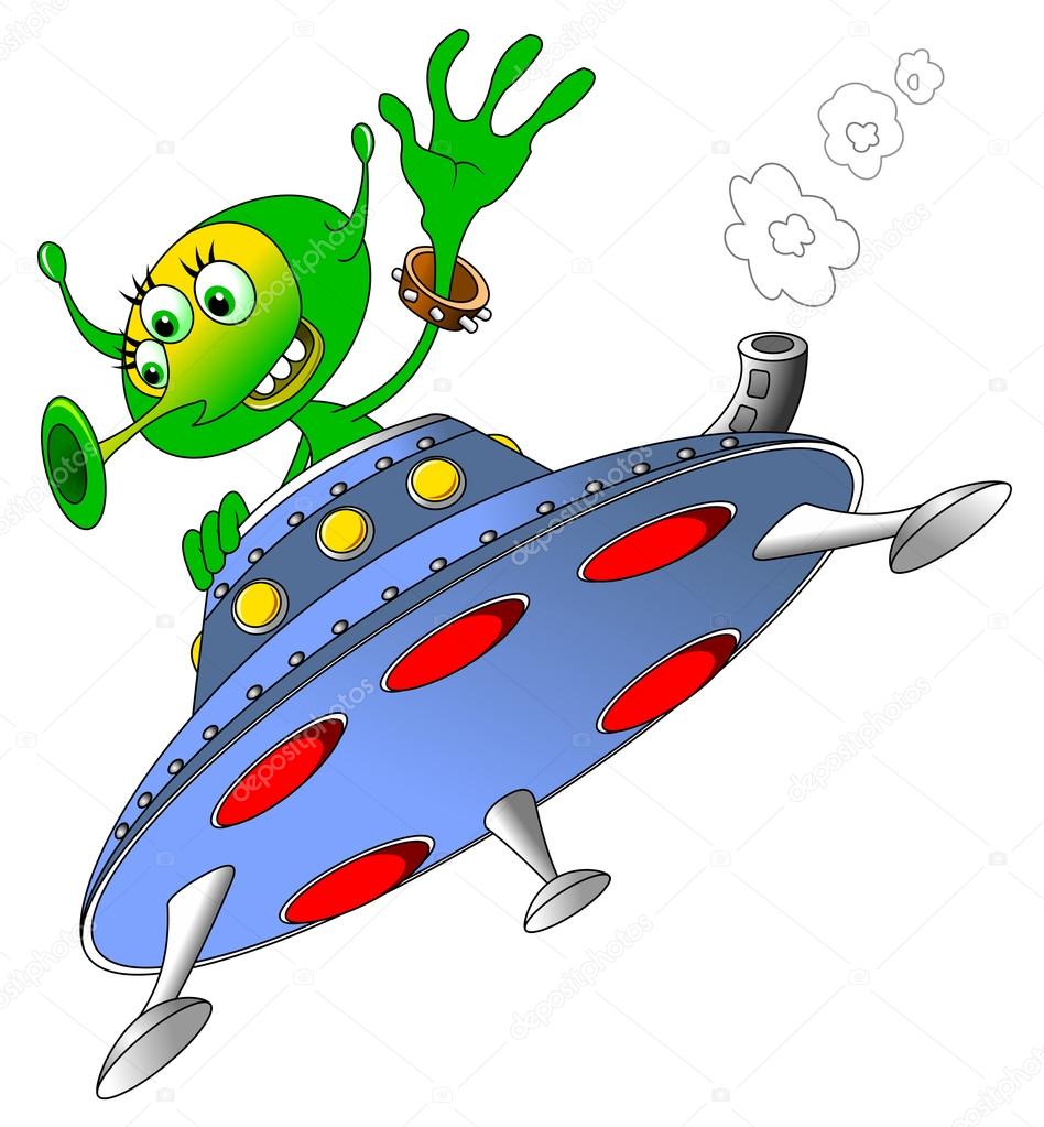 Green alien in spacecraft