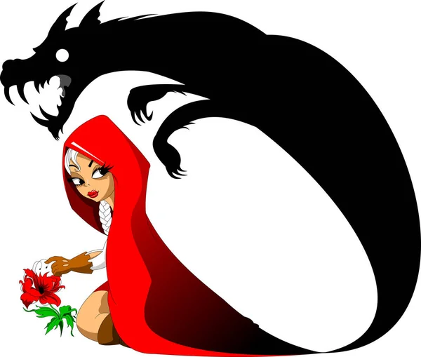Ein Mädchen Roten Mantel Wirft Einen Schatten Form Eines Wolfes — Stockfoto