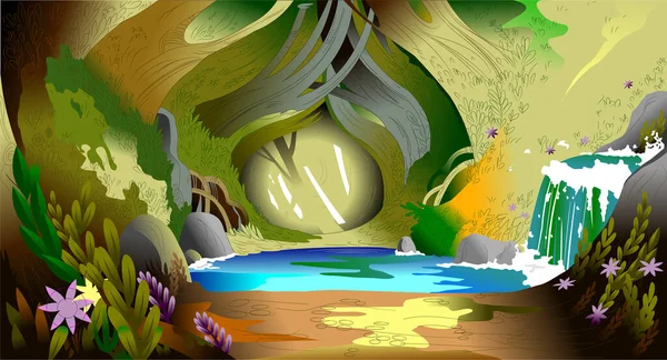 Kleiner See Und Wasserfall Zauberwald Illustration — Stockvektor