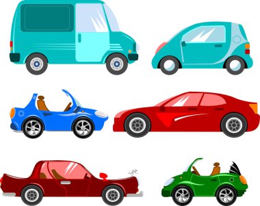 Farklı markalardan çok renkli araba koleksiyonu, illüstrasyon