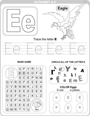 Alfabe öğrenmek için çalışma listesi. Çocuklar öğreniyor. E harfi