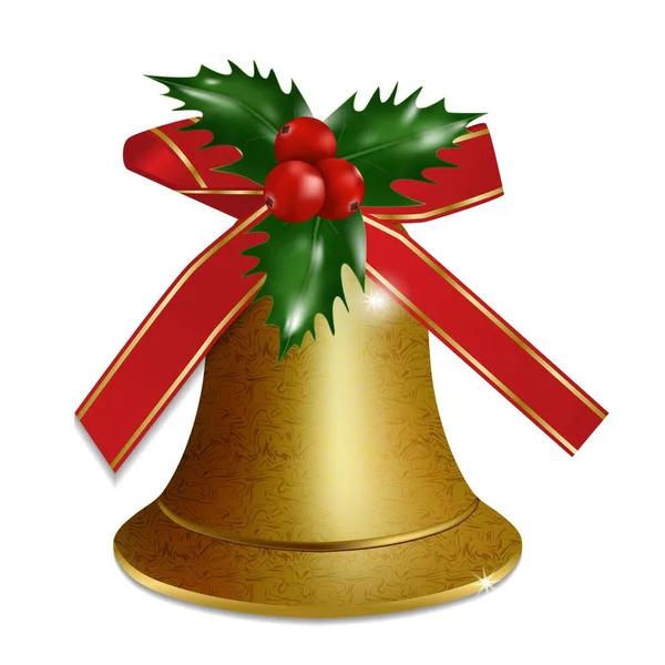 圣诞金色铃铛与冬青浆果隔离在白色背景 新年快乐矢量图解 — 图库矢量图片